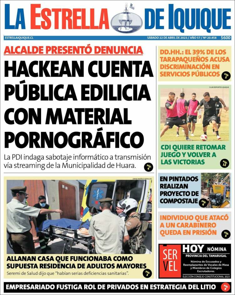 Portada de La Estrella de Iquique (Chile)