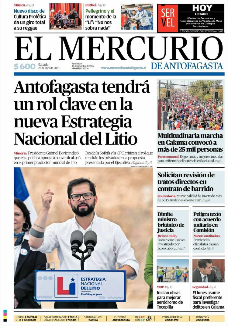 Portada de El Mercurio de Antofagasta (Chile)