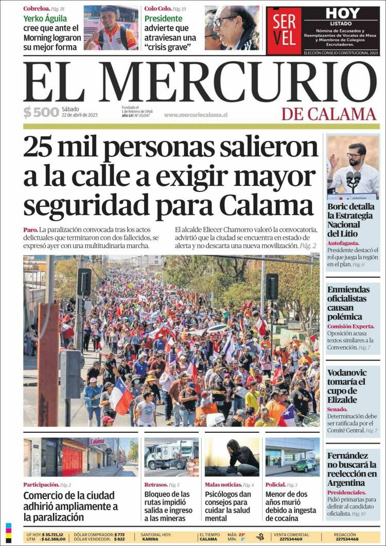 Portada de El Mercurio - Calama (Chile)