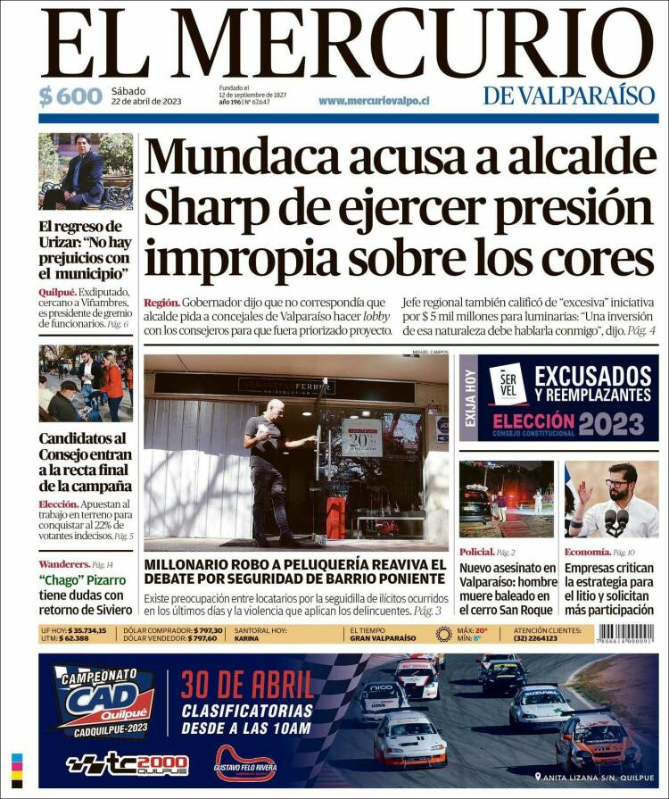 Portada de Mercurio de Valparaiso (Chile)