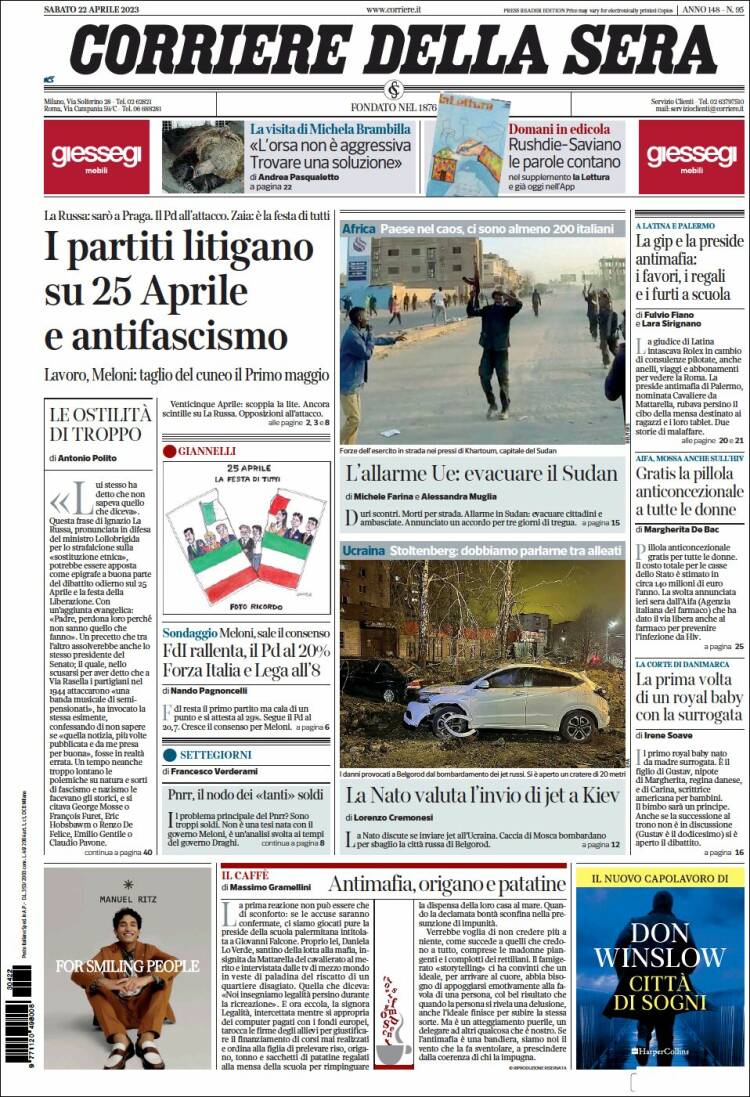 Portada de Corriere della Sera (Italia)