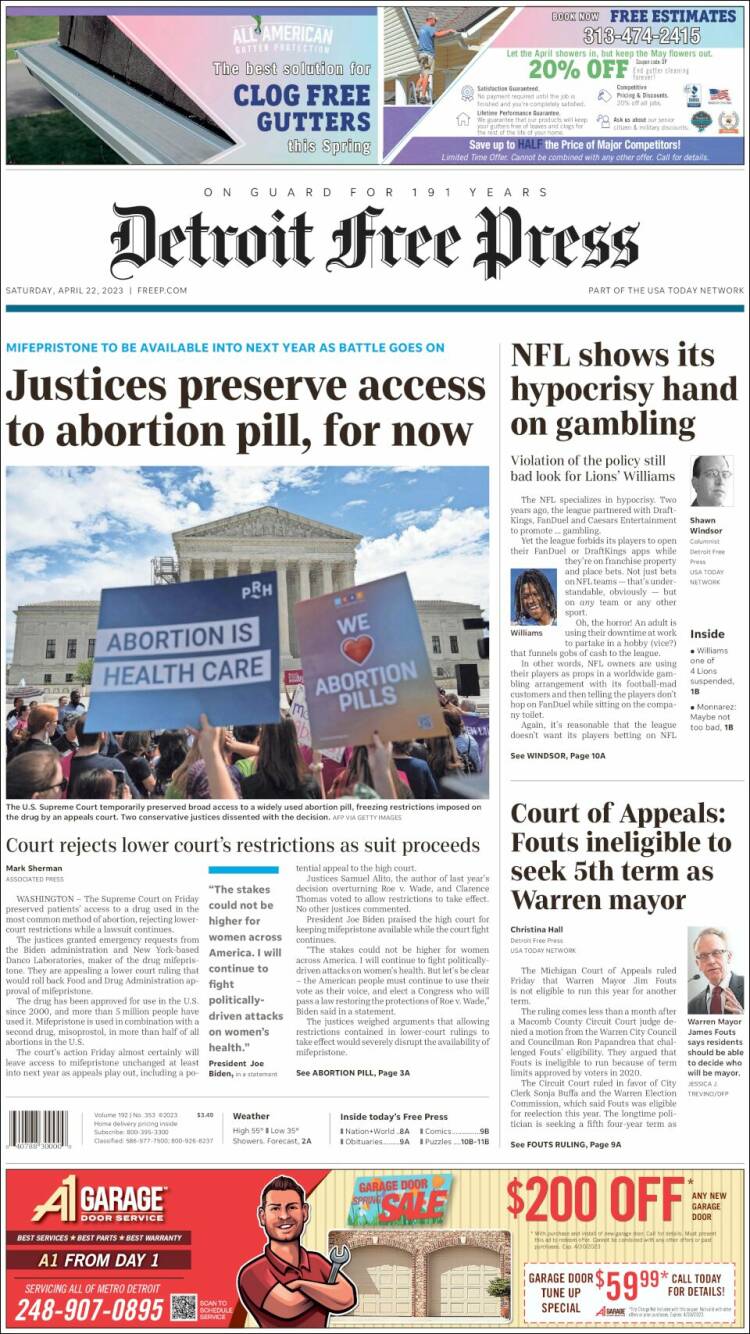 Portada de Detroit Free Press (USA)