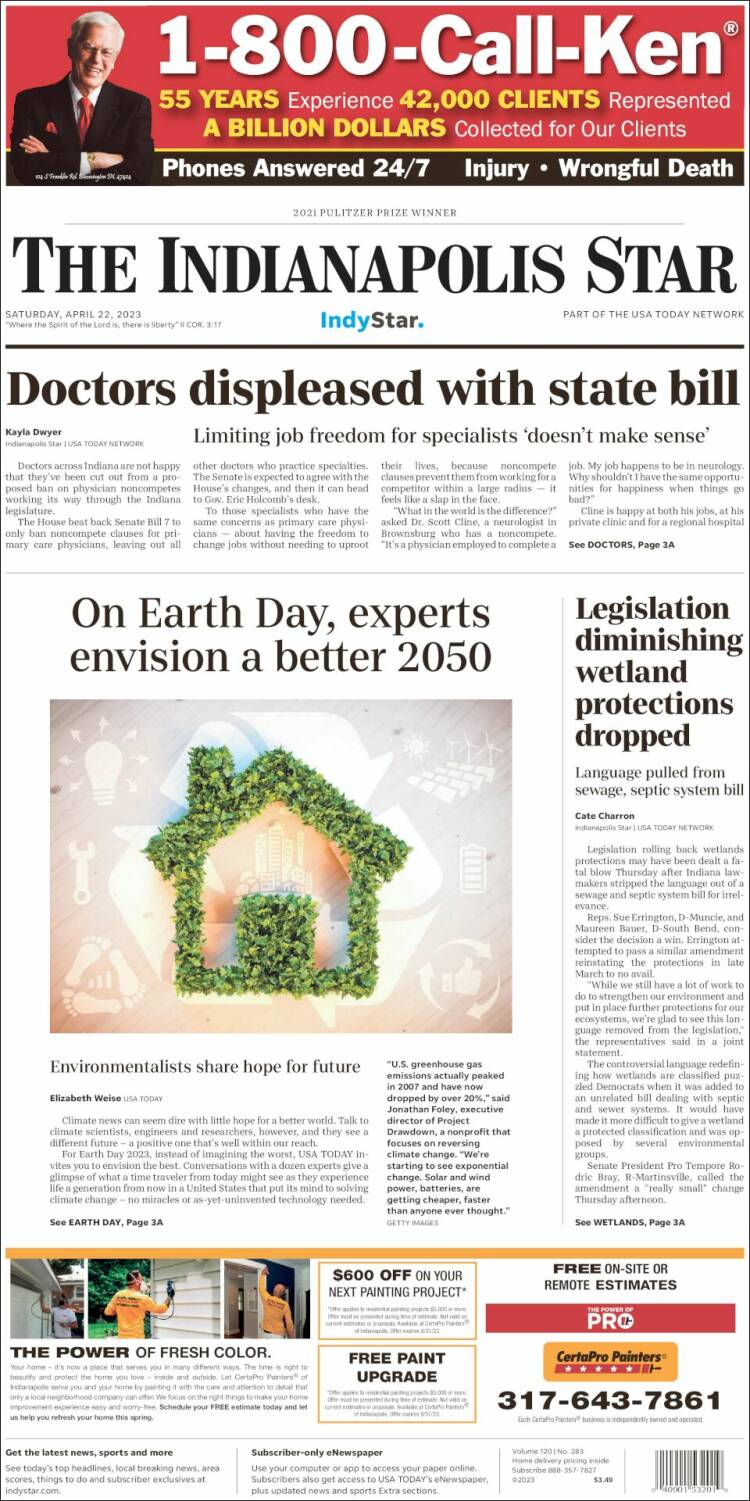 Portada de The Indianapolis Star (USA)