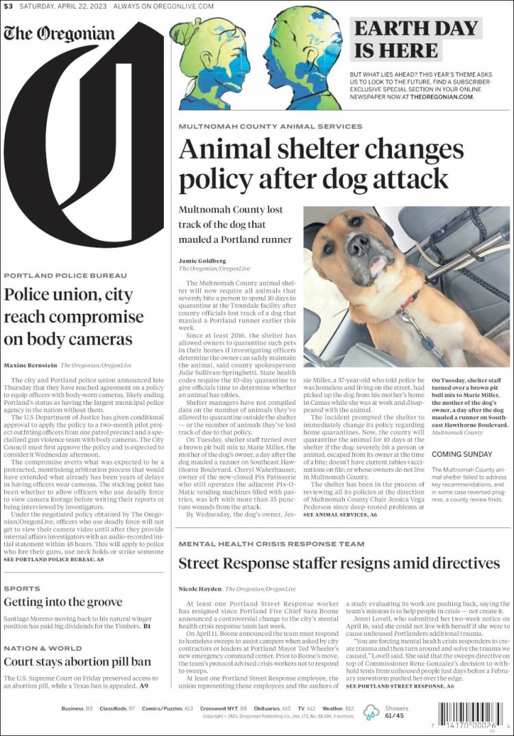 Portada de The Oregonian (USA)