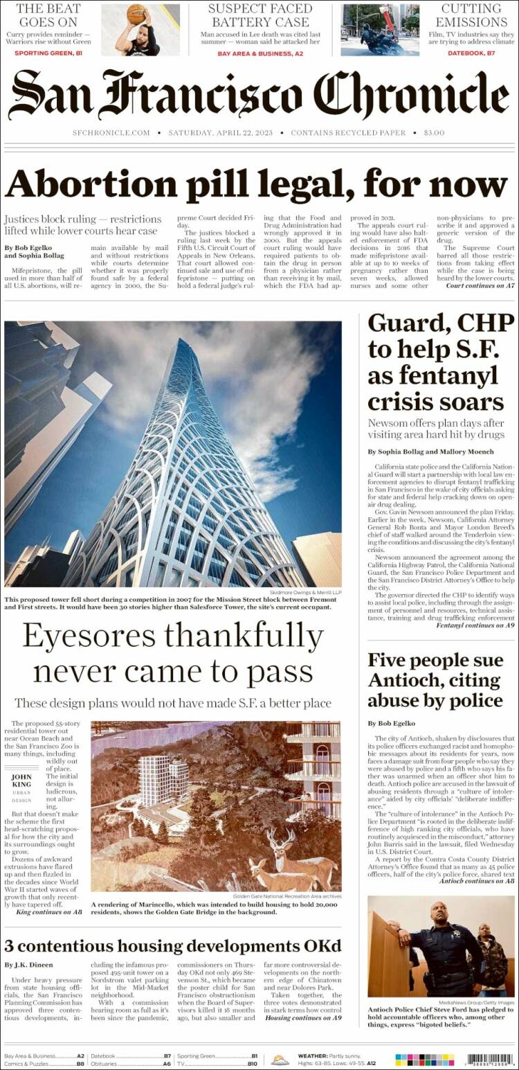 Portada de San Francisco Chronicle (USA)