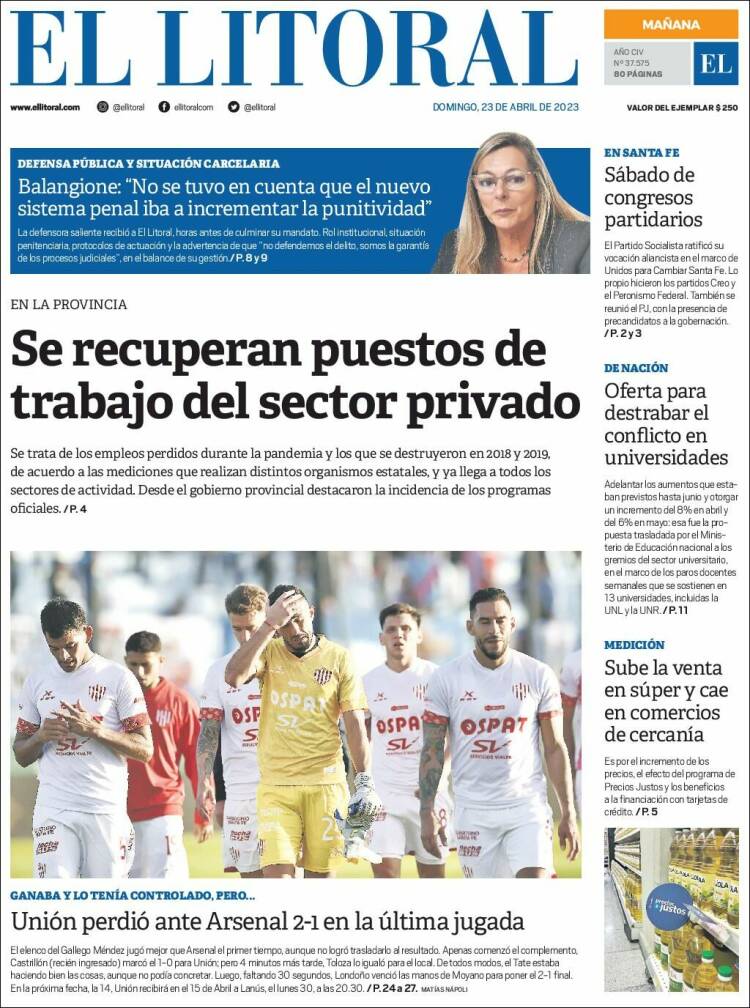 Portada de Diario El Litoral (Argentina)