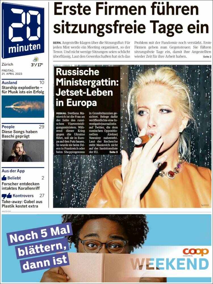 Portada de 20Minuten - Zürich (Suiza)