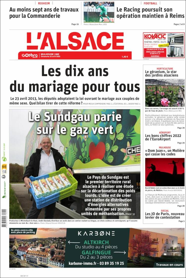 Portada de Journal L'Alsace (Francia)