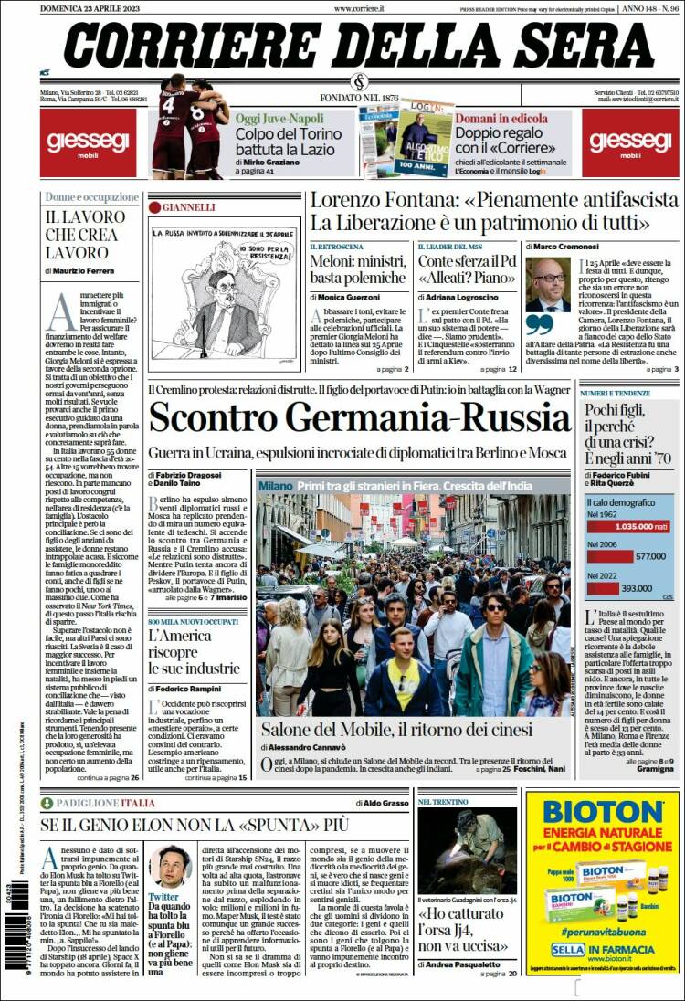 Portada de Corriere della Sera (Italia)