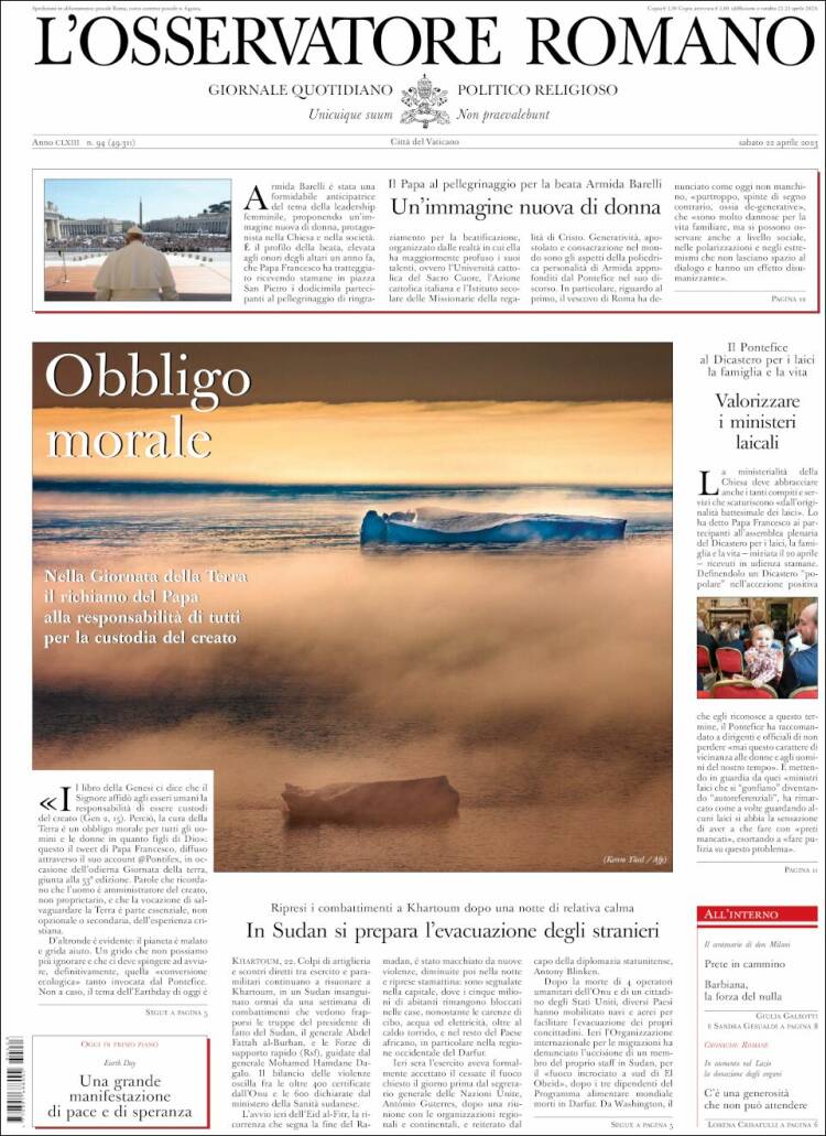 Portada de L'Osservatore Romano (Italia)