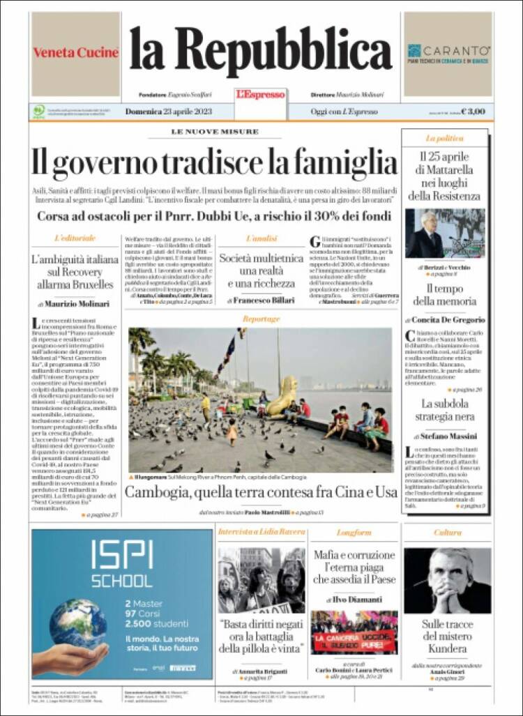 Portada de La Repubblica (Italia)