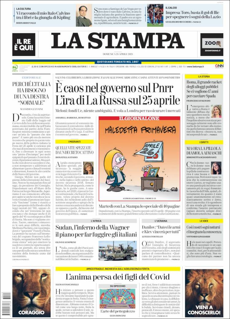 Portada de La Stampa (Italia)