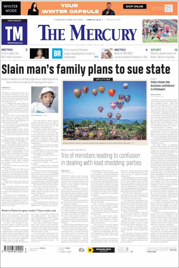 Portada de The Mercury (Sud&aacute;frica)