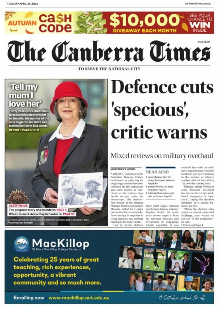 Portada de The Canberra Times (Australia)