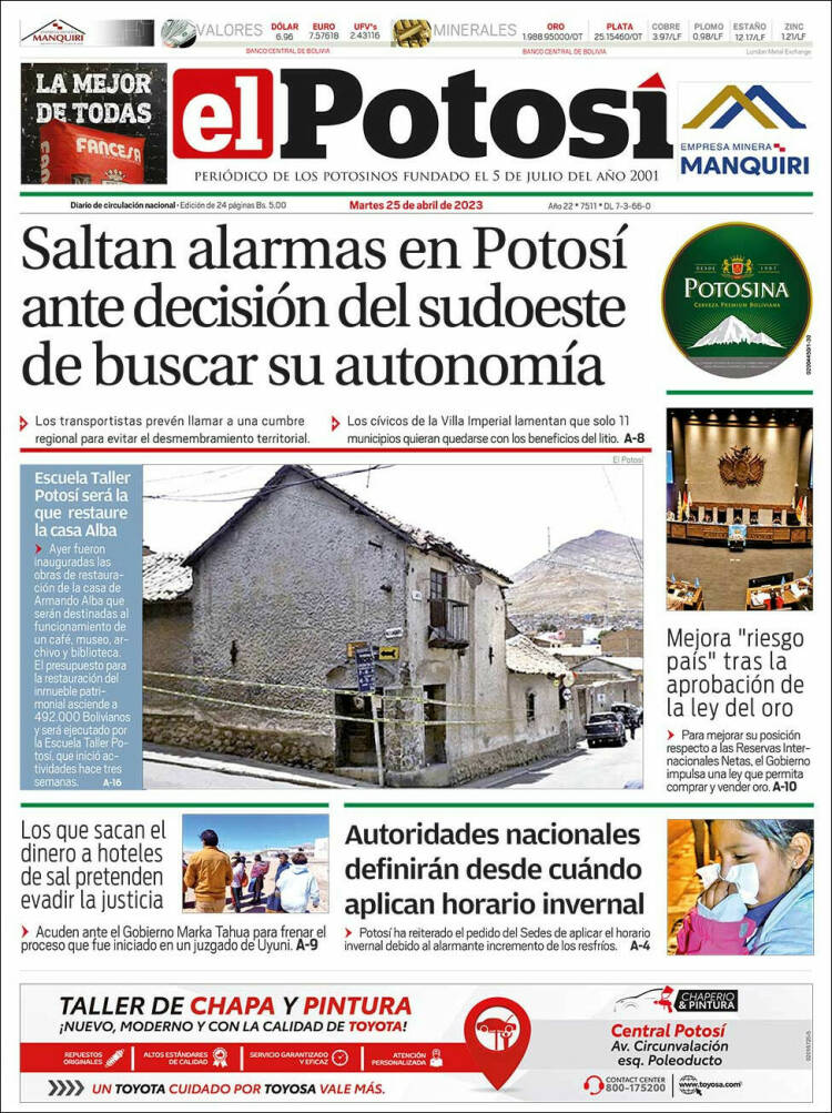 Portada de Diario de Potosí (Bolivia)