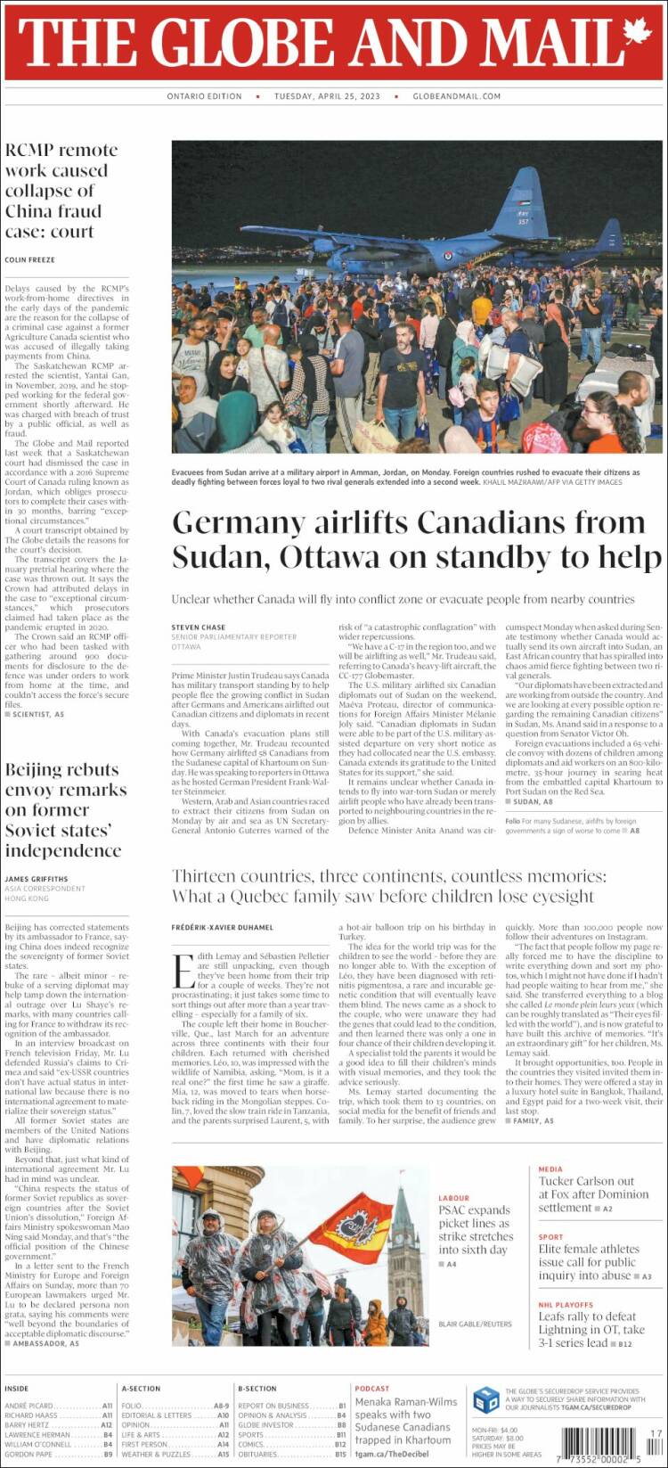 Portada de The Globe and Mail (Canadá)