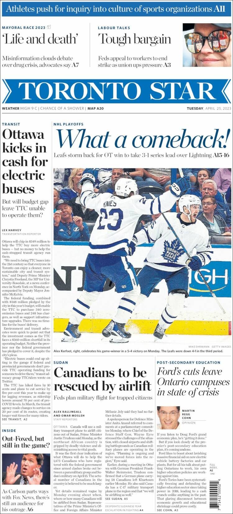 Portada de The Toronto Star (Canadá)