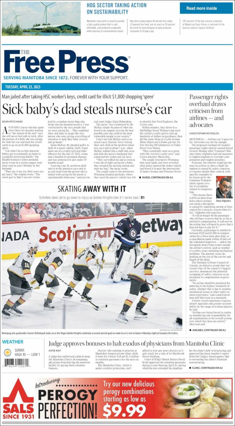 Portada de Winnipeg Free Press (Canadá)