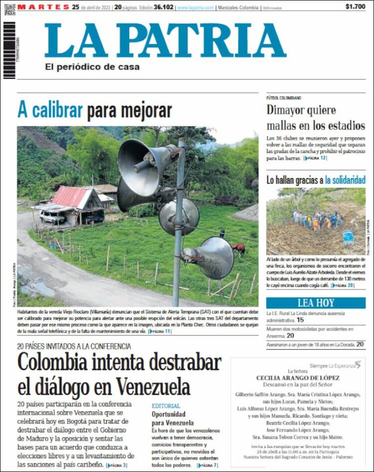 Portada de La Patria (Colombie)