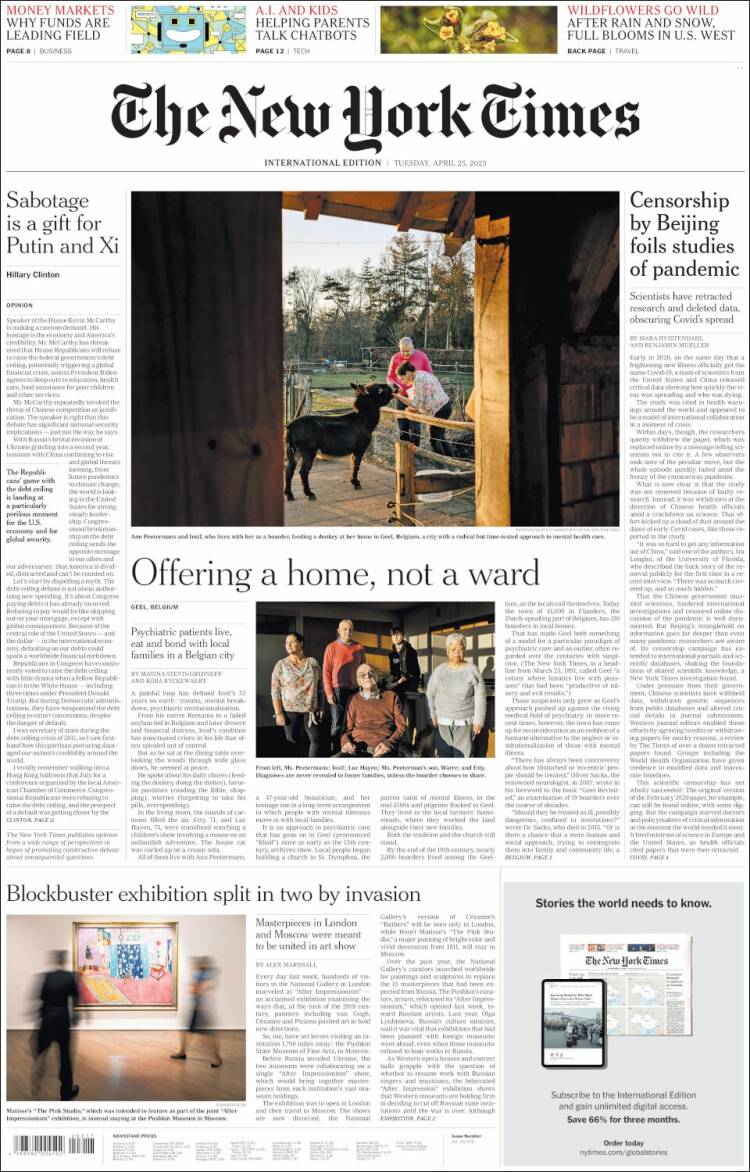 Portada de International New York Times (Europa)