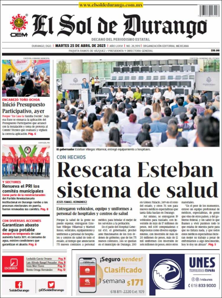 Portada de El Sol de Durango (M&eacute;xico)