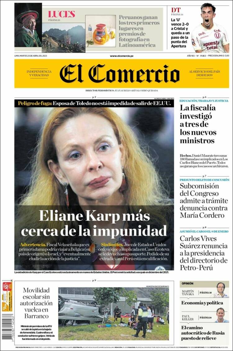 Portada de El Comercio (Per&uacute;)
