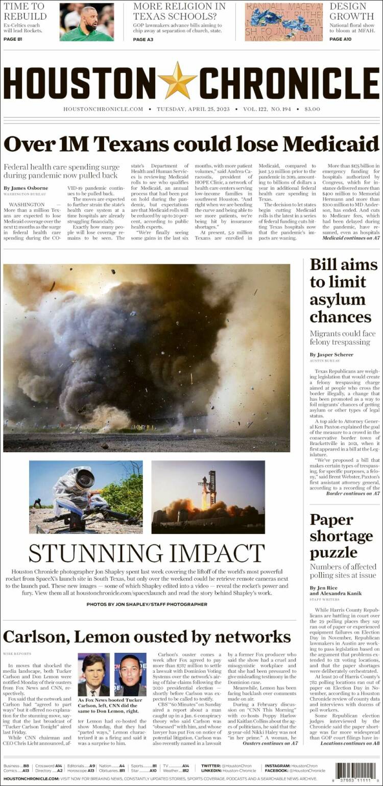 Portada de Houston Chronicle (USA)