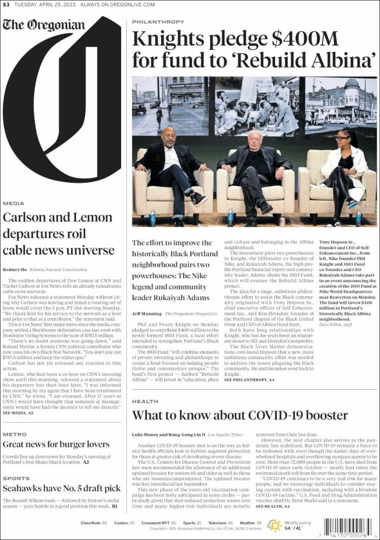 Portada de The Oregonian (USA)