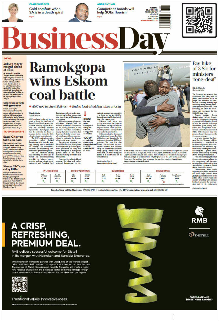 Portada de Business Day (Sud&aacute;frica)