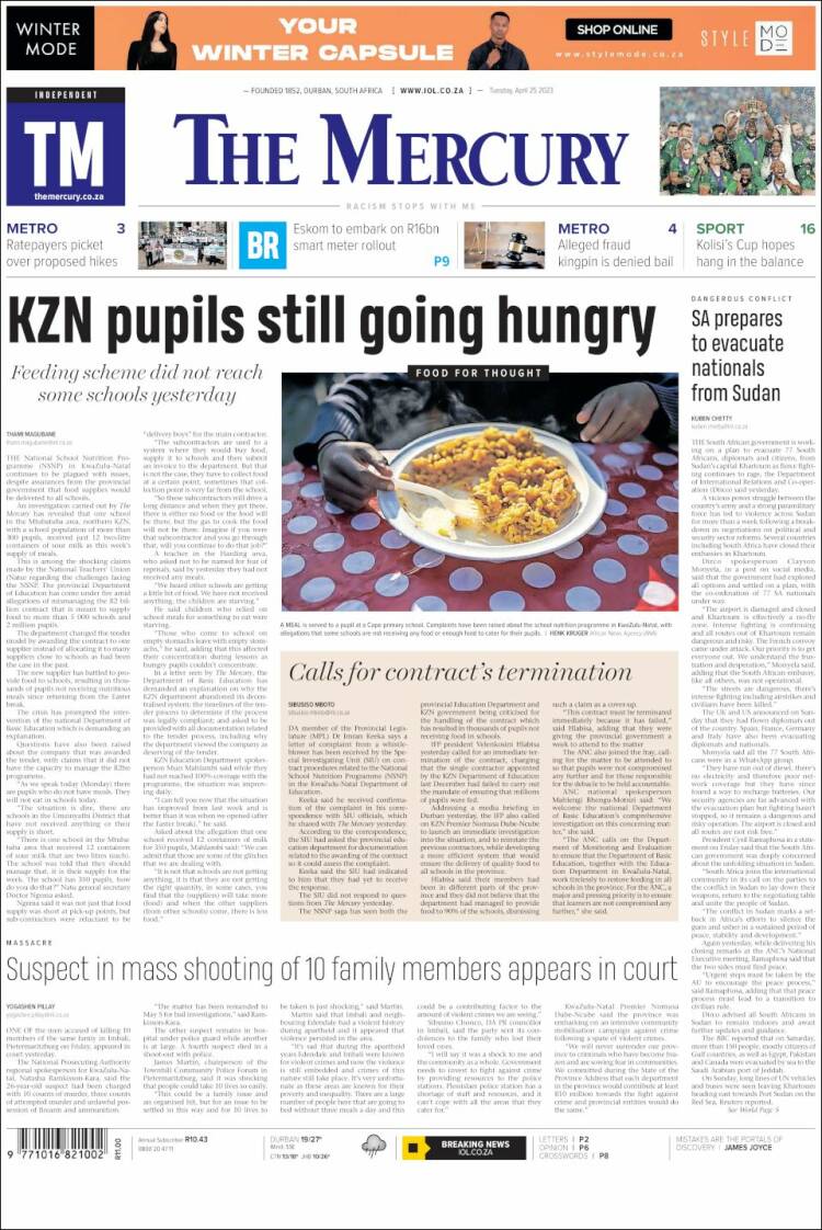 Portada de The Mercury (Sud&aacute;frica)