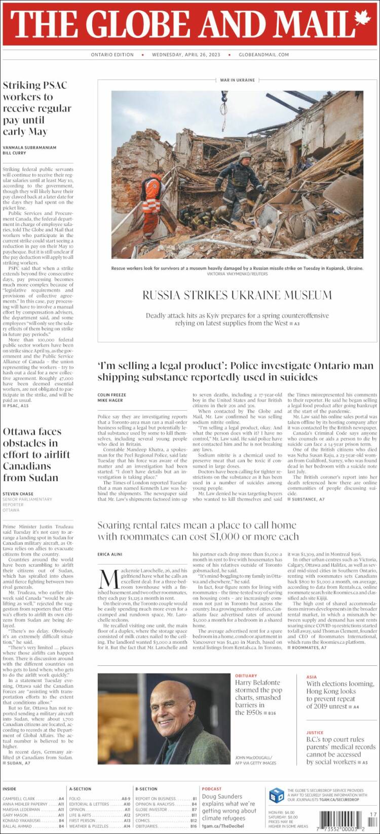 Portada de The Globe and Mail (Canada)