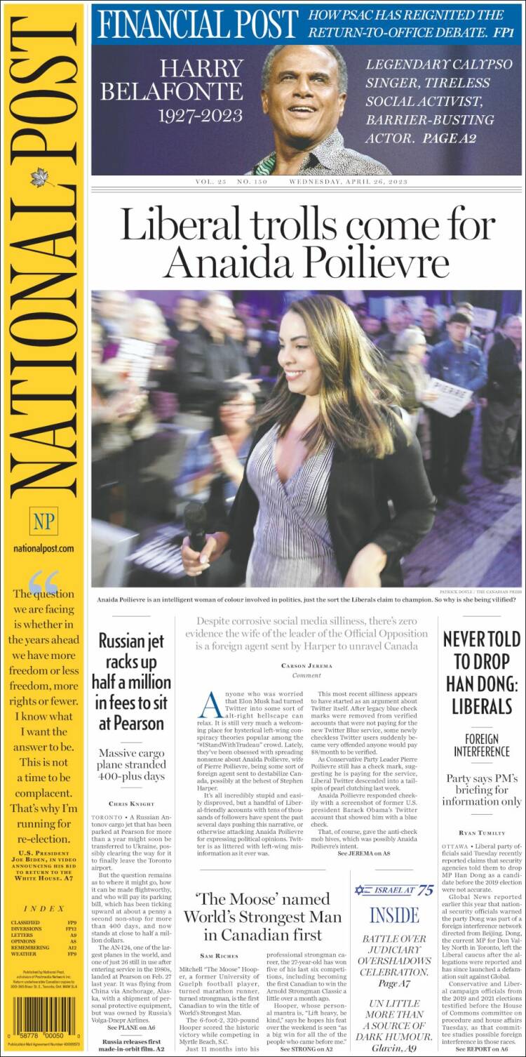 Portada de The National Post (Canadá)