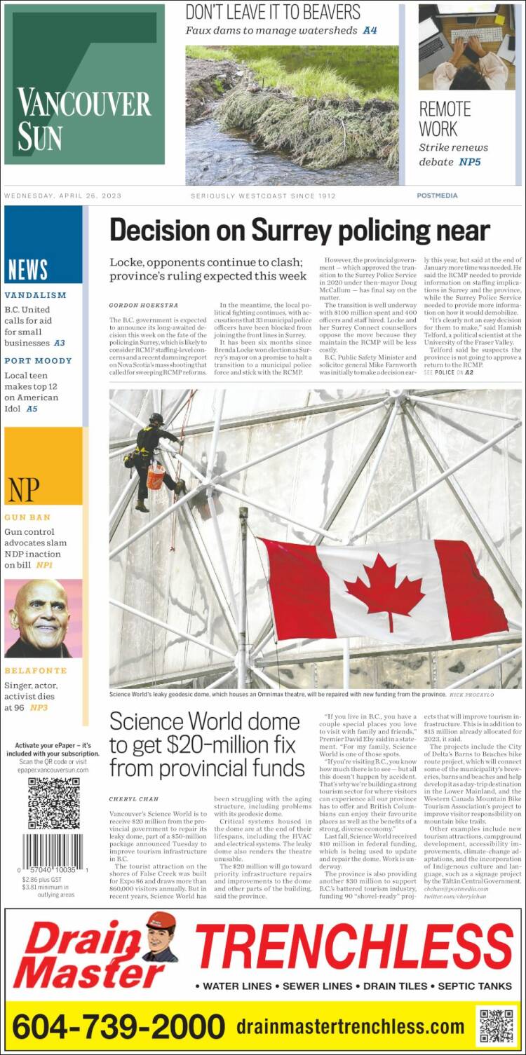 Portada de The Vancouver Sun (Canada)