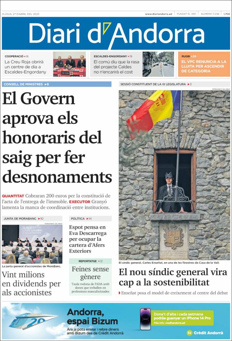 Portada de Diari d’Andorra (Andorra)