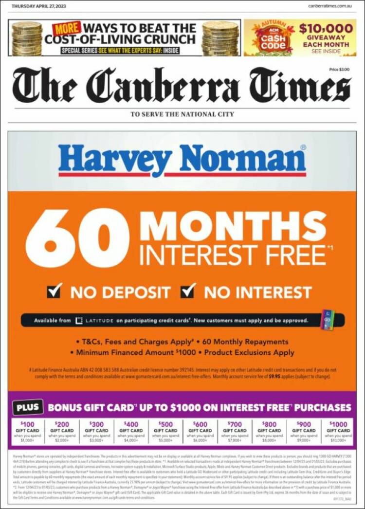 Portada de The Canberra Times (Australia)