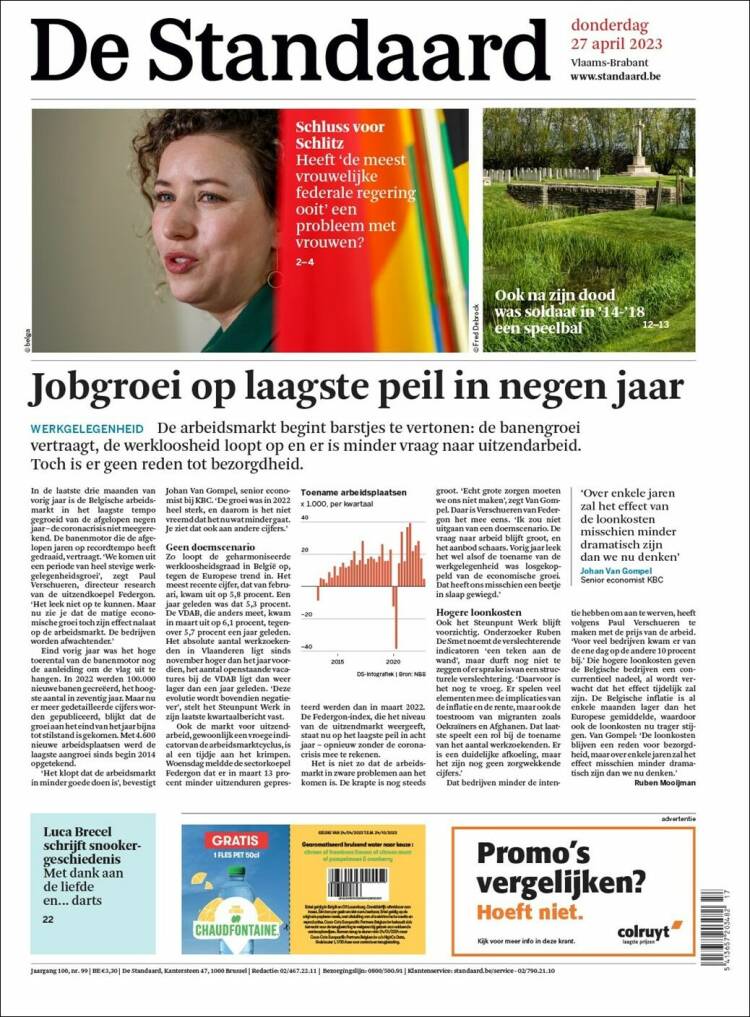Portada de De Standaard (B&eacute;lgica)