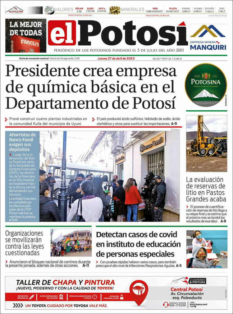 Portada de Diario de Potosí (Bolivia)