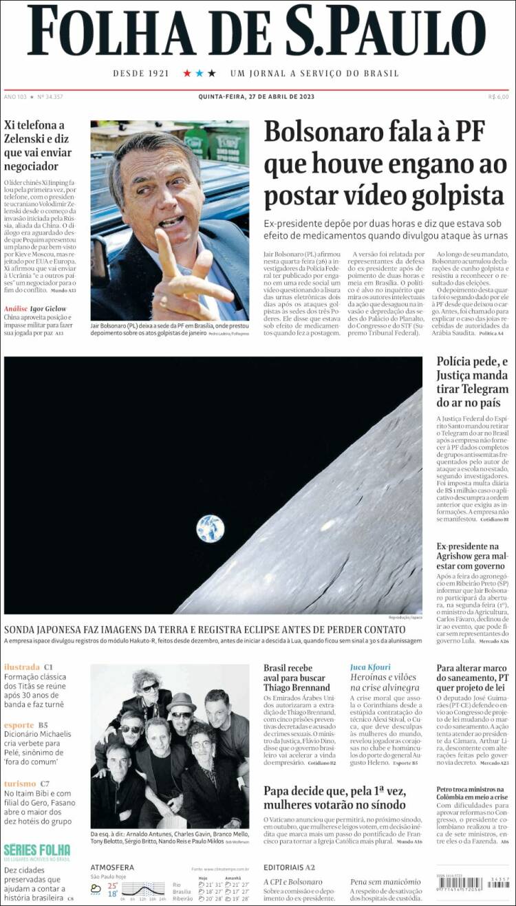 Portada de Folha de São Paulo (Brasil)