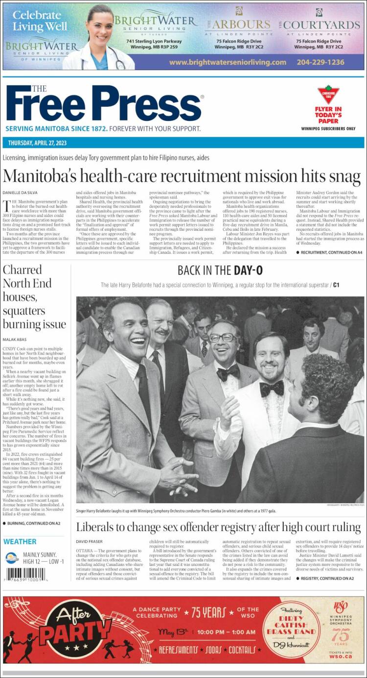 Portada de Winnipeg Free Press (Canadá)