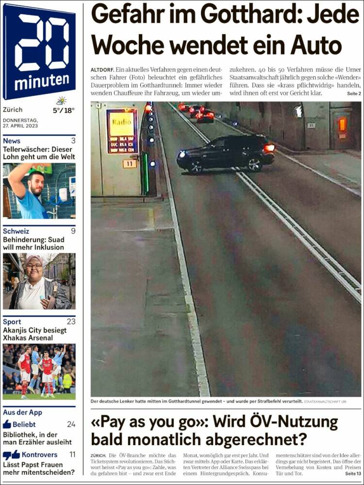 Portada de 20Minuten - Zürich (Suiza)