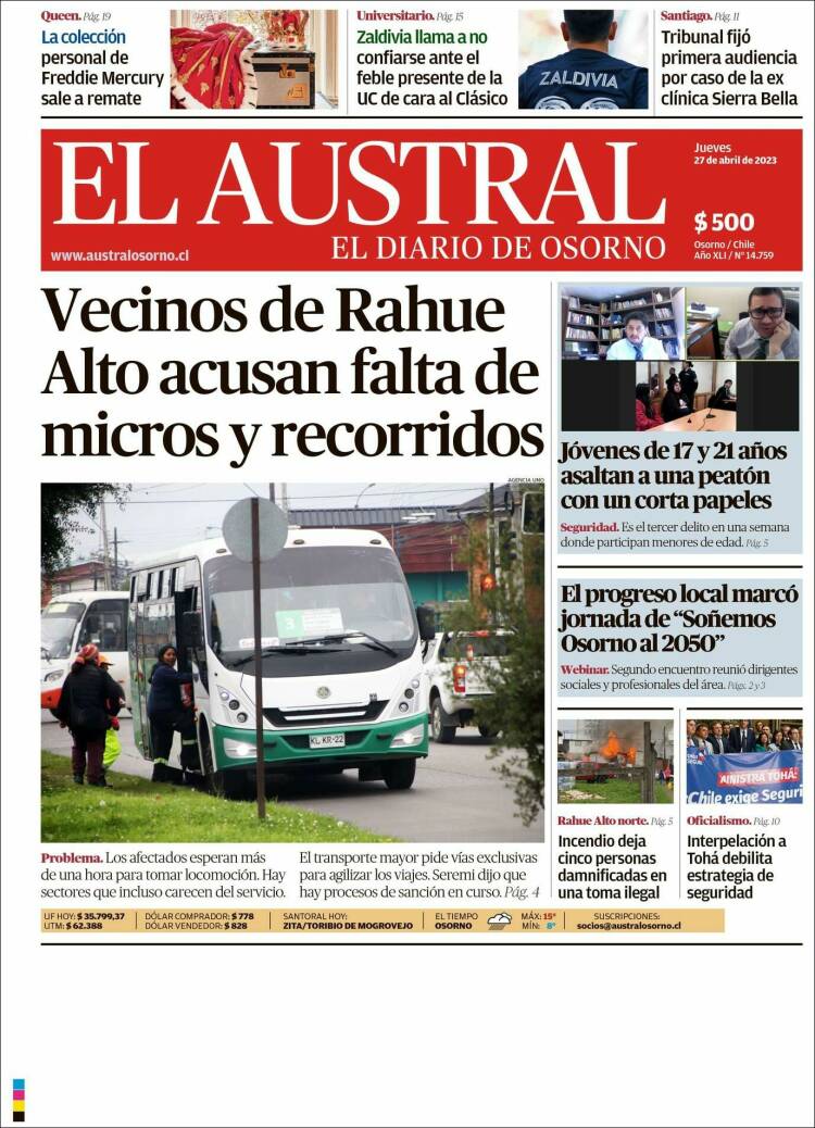 Portada de El Austral de Osorno (Chile)