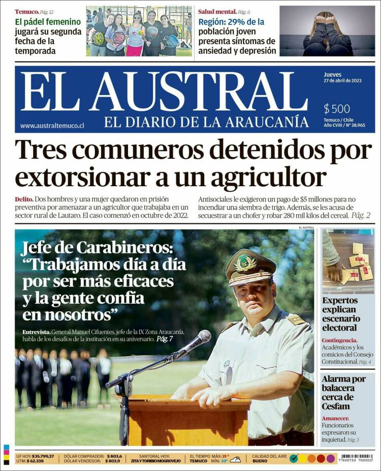 Portada de El Austral de Temuco (Chile)
