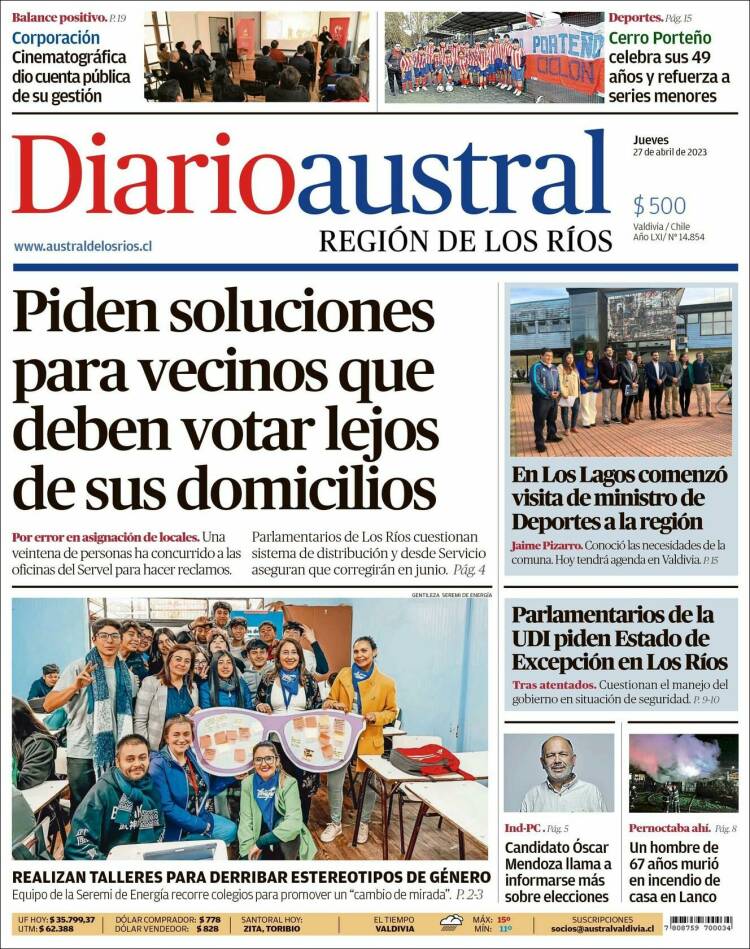 Portada de El Diario Austral de Valdivia (Chile)