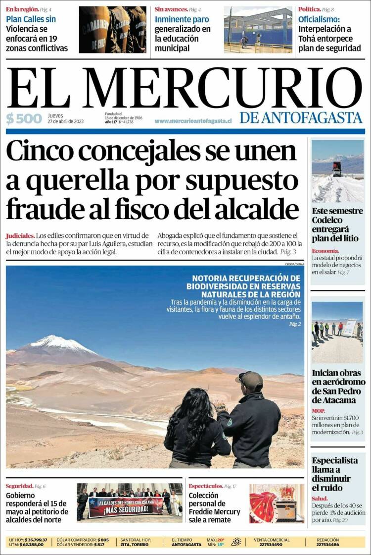 Portada de El Mercurio de Antofagasta (Chile)