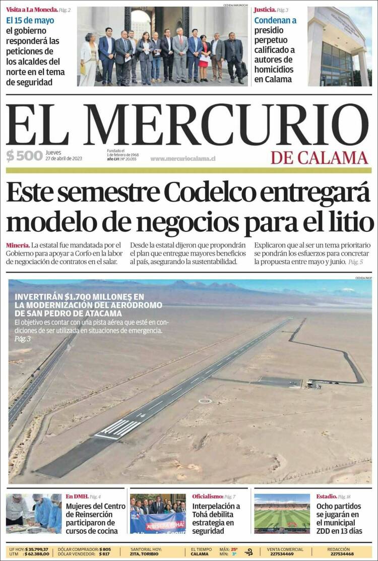 Portada de El Mercurio - Calama (Chile)