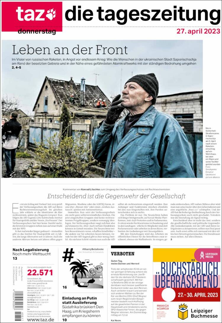 Portada de Die Tageszeitung (Alemania)