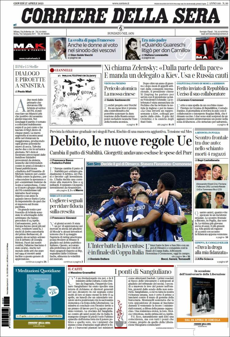 Portada de Corriere della Sera (Italia)