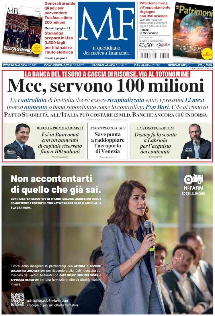 Portada de Milano Finanza (Italia)