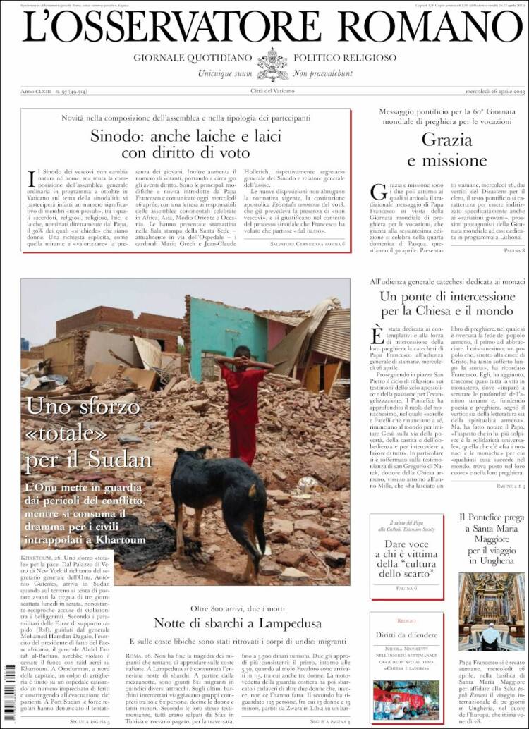 Portada de L'Osservatore Romano (Italia)