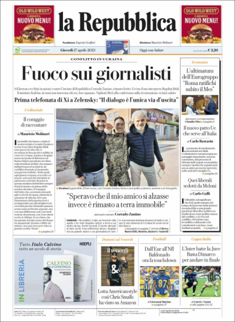 Portada de La Repubblica (Italia)